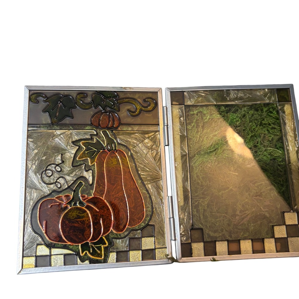 Autumn Pumpkin Stained Glass Double Picture Frame Harvest Fall Decor Cottagecore